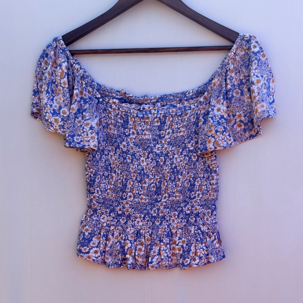 Blue Floral Milkmaid Smocked Peplum Top Cottagecore Fairycore - Picture 9 of 9